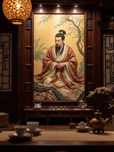 商鞅卡牌，法家代表人物，严肃表情，手持法令，古铜色边框，法庭背景